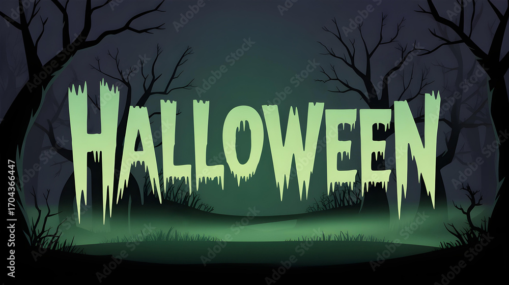 Fototapeta premium Minimalist Halloween holiday design with glowing green “Halloween” lettering on a foggy night background, haunted forest silhouette. Spooky atmosphere illustration for poster, decor, wallpaper, etc.