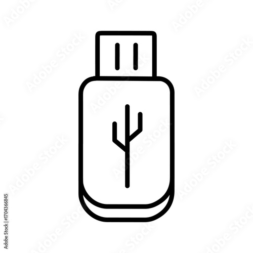 A minimalist line drawing of flash drive isolated on white background. Computer technology line icon, digital device symbol, modern IT equipment design for web, app, and user interface.
