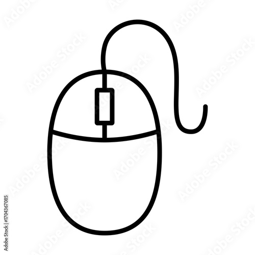 Minimalist line art illustration of a computer mouse isolated on white background. Computer technology line icon, digital device symbol, modern IT equipment design for web, app, and user interface.