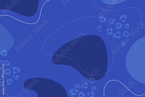 Abstract vector background in a blue color palette, with featuring organic shapes, dashed lines and leopard print. 