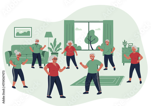 Older adults doing aerobics indoors in colorful illustration
