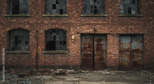 Dilapidated brick factory facade with broken windows and rusted metal doors