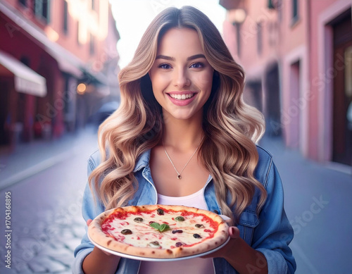Original Italian stone oven pizza presented by alaughing beautiful young Italian woman