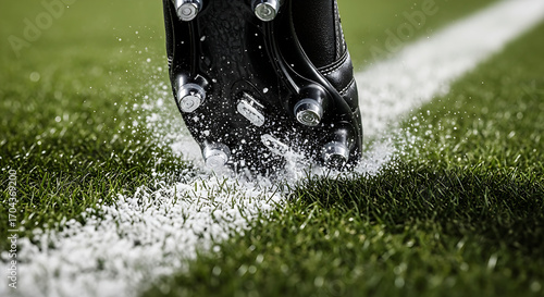 Close up of a football cleat kicking up grass and white chalk line on a football field during a game