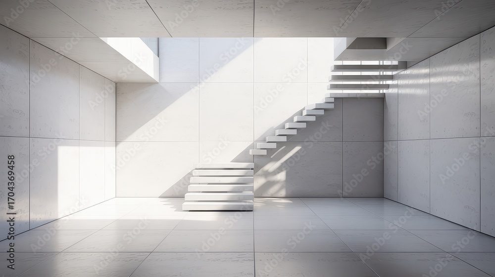 Obraz premium Minimal Concrete Interior with Floating Staircase 