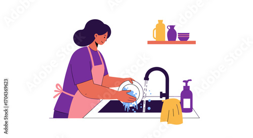 Woman washing dishes at kitchen sink with soap and sponge  