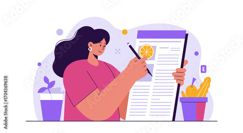 Woman checking meal plan and writing notes with plants in background  