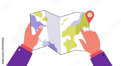 Hands holding a folding map with a location marker in view  
