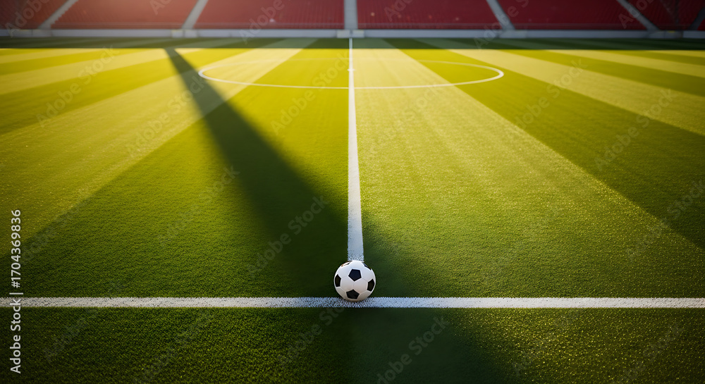 Obraz premium Soccer ball placed on the center line of a freshly cut green soccer field stadium with bright sunlit stripes and long shadows creating a dramatic atmosphere ready for competition