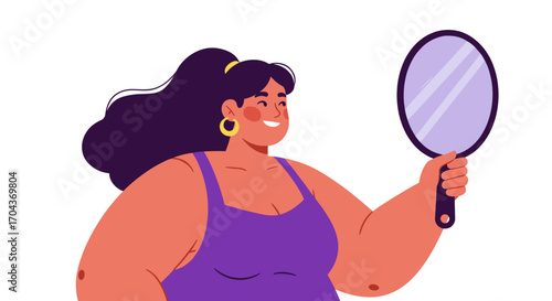 Plus size girl smiling while holding mirror with confident expression  