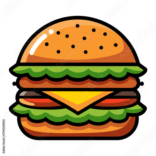 Colorful Cartoon Hamburger with Layers and Sesame Bun