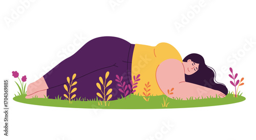 Plus size woman lying on grass surrounded by colorful flowers  