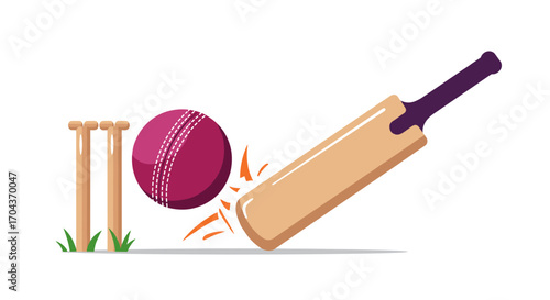 Cricket ball hitting wooden bat with stumps in background  