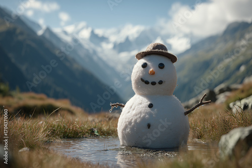Snowman Wearing a Hat in a Mountainous Scenic Landscape