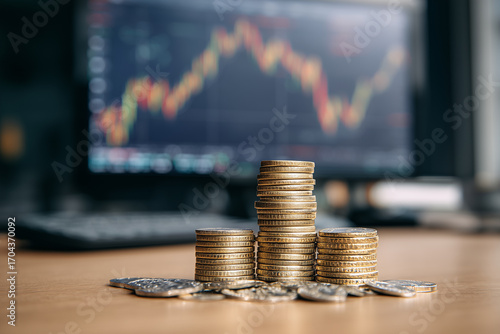 Stacks of Gold Coins with Stock Market Graph in Background