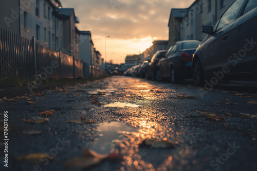 Urban Street at Sunset With Reflection on Wet Ground and Autumn Leaves