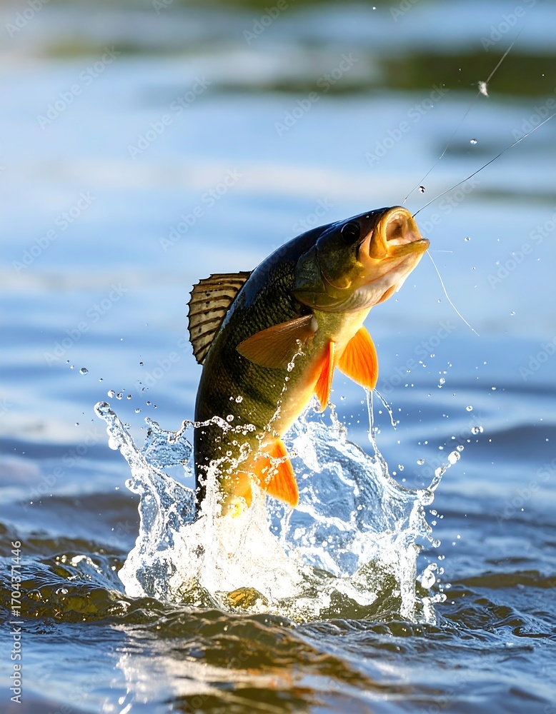 Obraz premium A perch leaps from a river, caught on a hook