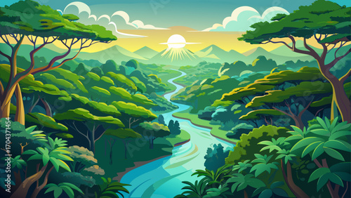 The Amazon rainforest canopy in Brazil unfolds like a vast emerald ocean, rivers snaking through dense greenery, vibrant sunlight filtering between treetops, capturing the Earth’s lungs in vivid still