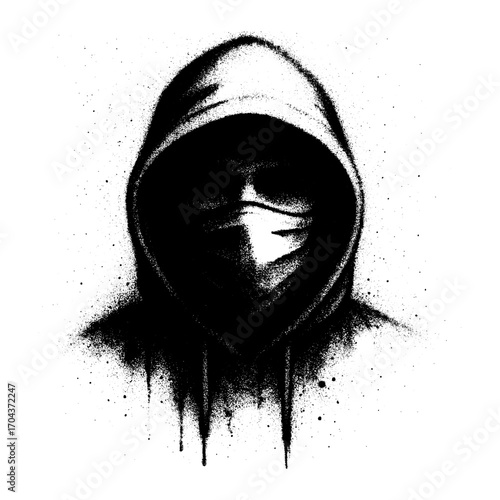 silhouette of mysterious man wears head covering hoodie - graffiti spray paint art style