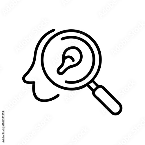 Hearing research icon showing ear and face with magnifying glass for audiology studies