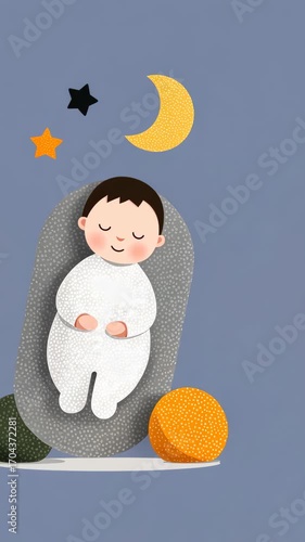 Adorable sleeping baby with stars and moon illustrations on a calming nighttime background