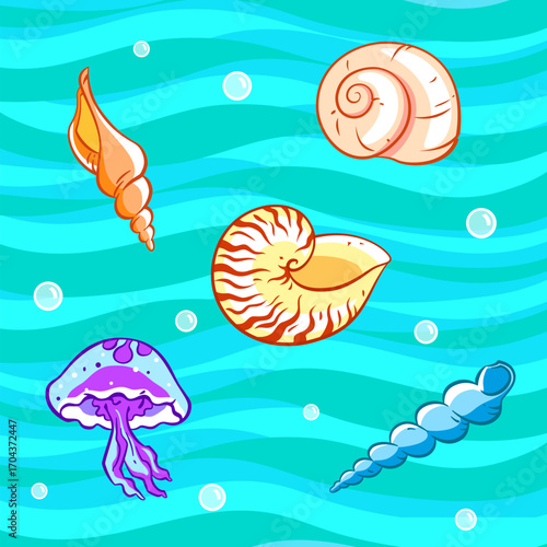 Icons of shells. Colorful Sea Shells and Jellyfish Illustration on Blue Ocean Background