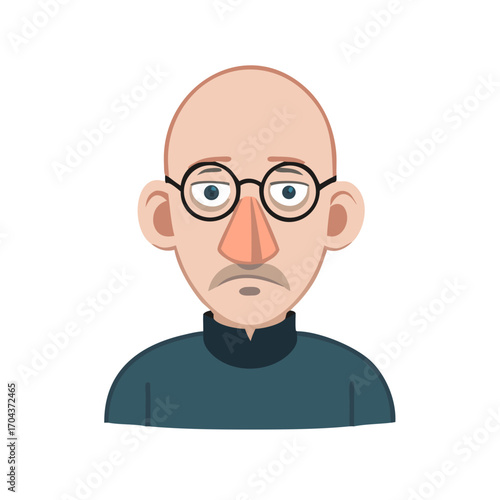 Cartoon man with glasses, mustache, and serious expression conveys authority and intellectualism