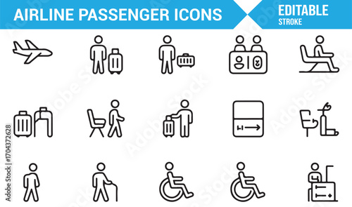 Vector outline icons of airline passengers for travel, airport process, and accessibility
