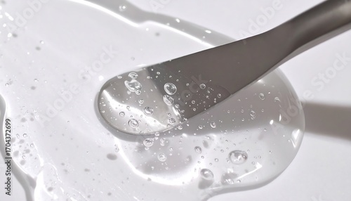A close-up shot of a transparent, viscous gel being smoothed with a spatula on a white surface. Bubbles are visible