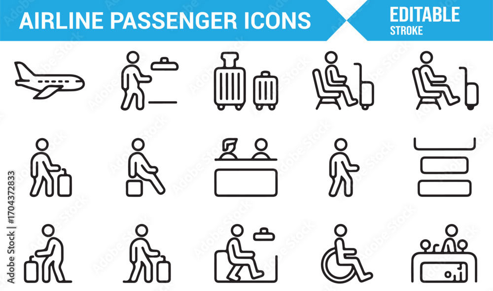 Fototapeta premium Airport passenger icons pack with editable stroke featuring travel, check-in, and luggage