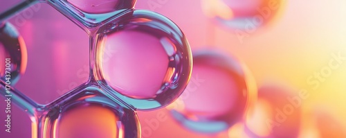 A vibrant close-up of colorful molecular structures, showcasing bubbles in shades of purple and pink against a soft, gradient background.
