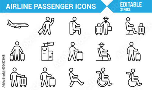 Minimalist line illustrations of passenger activities at airport including check-in and boarding