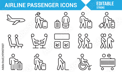 Collection of vector icons for airline travel, passengers, airport security, and boarding