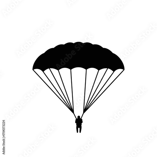 Silhouette of a parachutist descending mid-air with open parachute symbolizing adventure and freedom silhouette