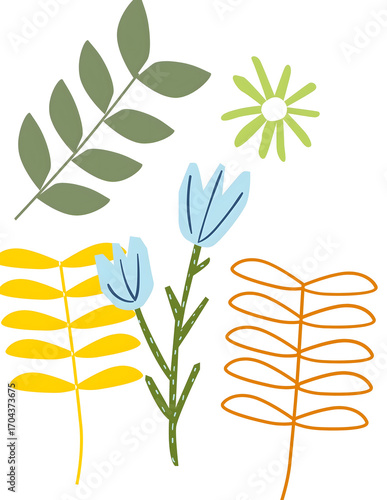 A set of leaves and flowers