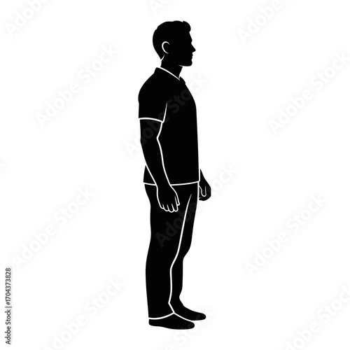 Silhouette of a man standing facing left isolated in a white square frame silhouette