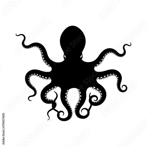 Bold silhouette of an octopus with wavy tentacles graphic design element silhouette