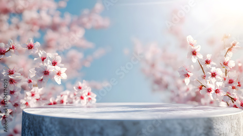 Pink Cherry Blossoms Frame a Stone Display Pedestal