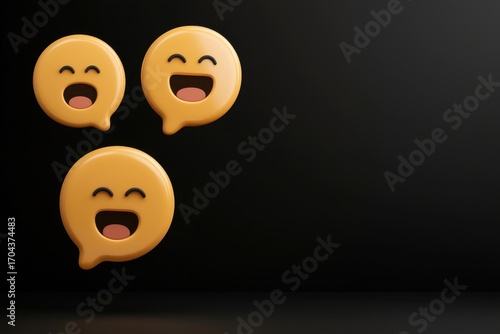 Three cheerful emoji faces with smiling expressions, floating against a dark background, conveying joy and positivity.