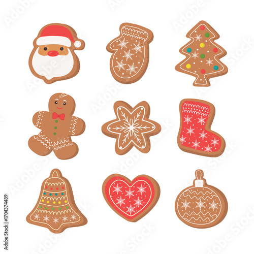 A set of decorative gingerbread cookies with intricate glaze patterns in a festive design. Vector illustration. Stock illustration.