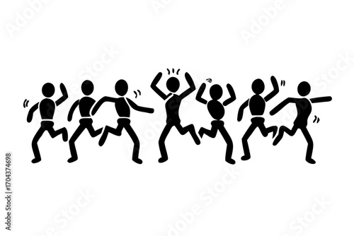 Group of stick figures dancing and jumping energetically