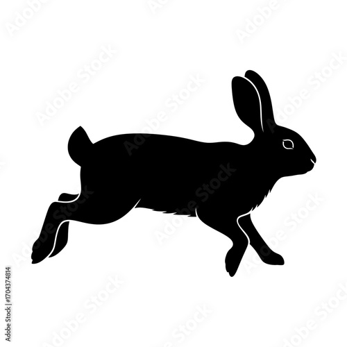 Silhouette of a running rabbit emblem on a white square against a black canvas silhouette