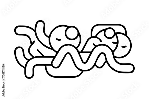 Abstract line art of two figures intertwined with a wavy line, appearing to be sleeping or relaxing
