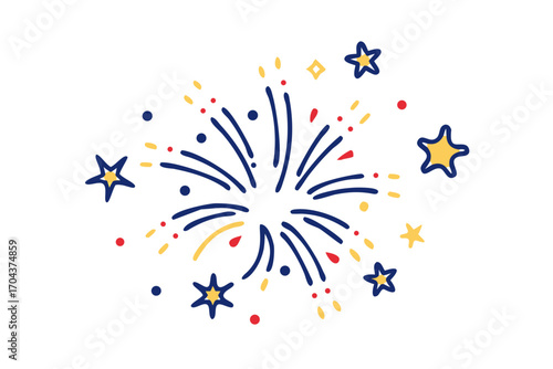 A simple, colorful cartoonstyle illustration of fireworks exploding with stars and dots