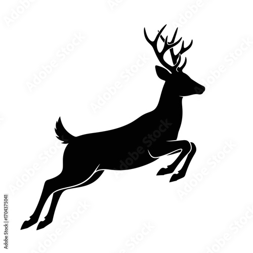 Graceful silhouette of a jumping reindeer with antlers against a white backdrop silhouette