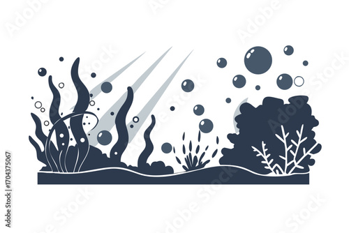Underwater scene with silhouette of seaweed, coral, and bubbles rising towards light rays
