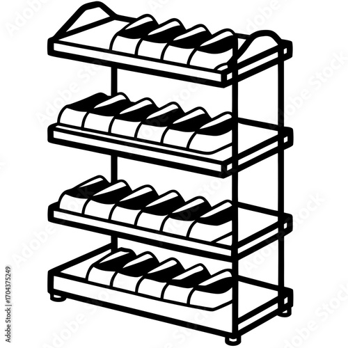 Four tier shoe rack silhouette with multiple pairs of shoes isolated on white background