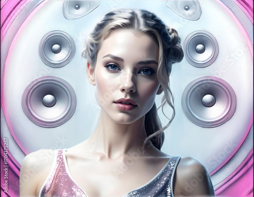 Futuristic EDM Dancer Girl in front of a set of music loudspeakers