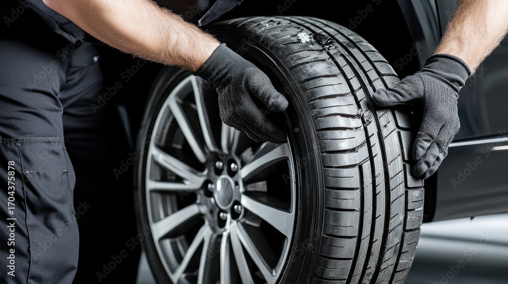 Fototapeta premium Mechanic checking damaged car tire