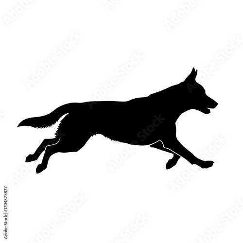 Dynamic silhouette of a running dog on a white square emblematic shape silhouette
